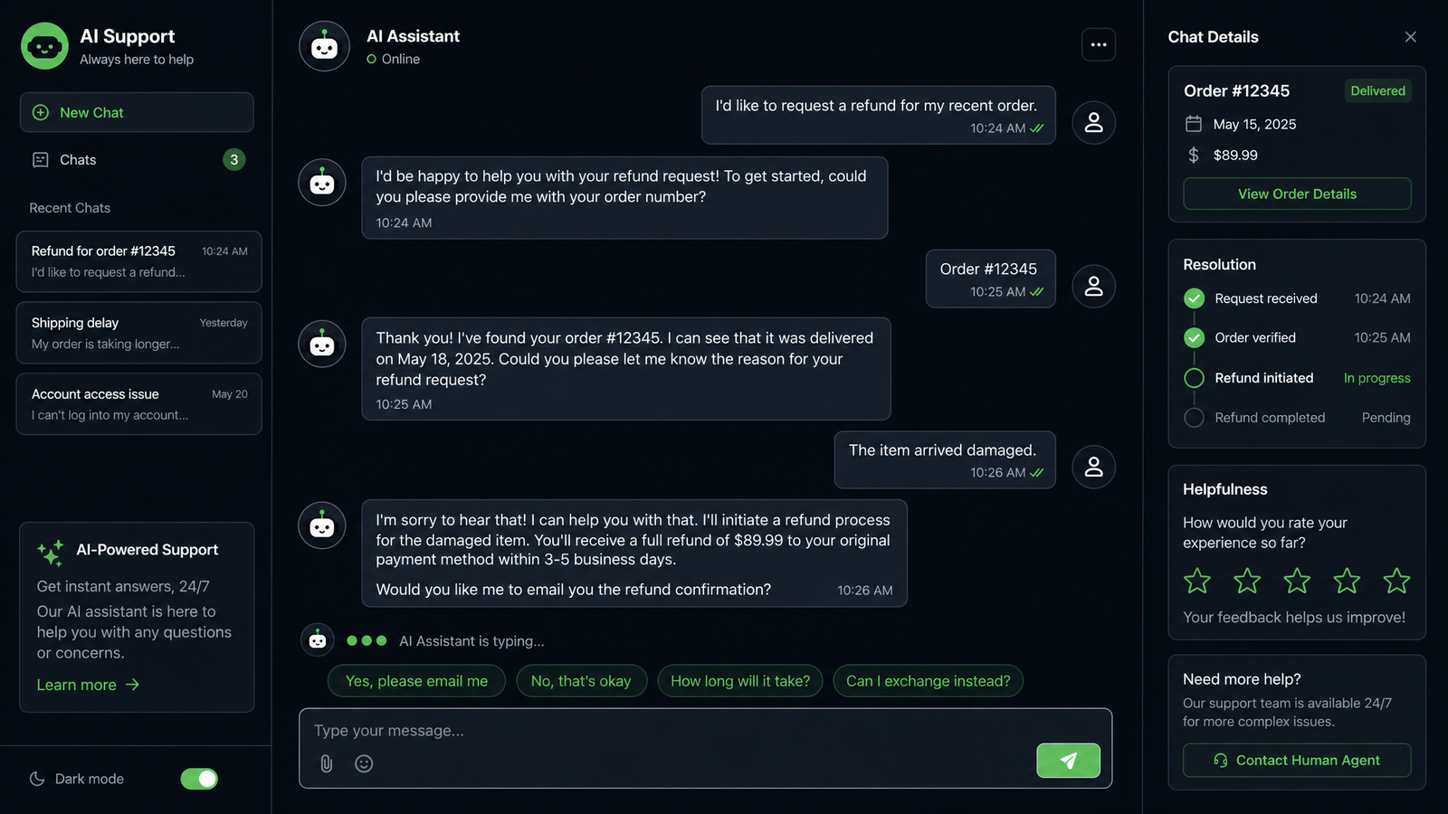 AI-powered customer service chatbot interface handling support conversation